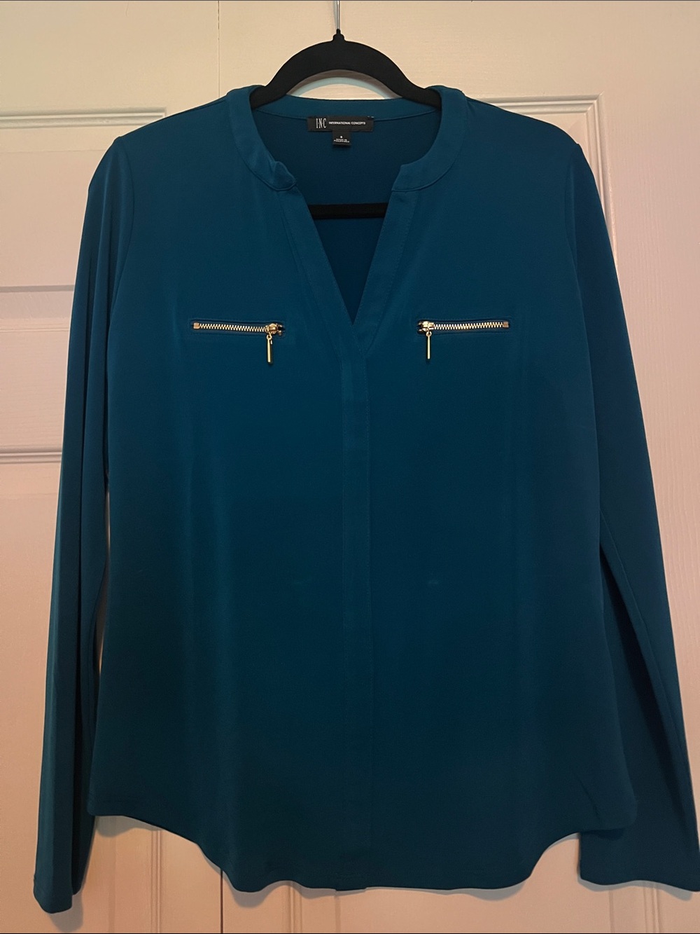 INC International Concepts Teal Double Gold Zipper Silky Top S